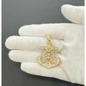 Anchor Wheel Pendant 925 Sterling Silver Gold Plated Iced CZ Charm 1.8 inch